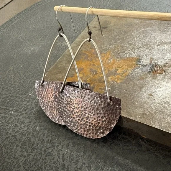 Sterling And Hammered Copper Hook Earrings Half Crescent Moon Handcrafted - Picture 6 of 6